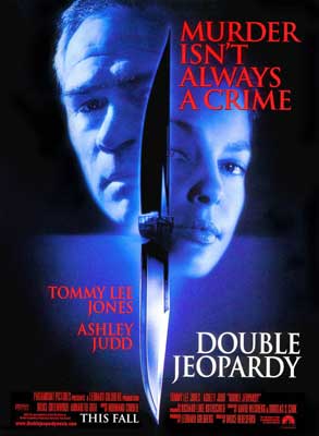 Double Jeopardy Movie Poster with image of two people with tinted blue faces and knife dividing them