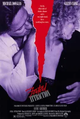 Fatal Attraction Movie Poster with black and white image of two people with a rip down the middle