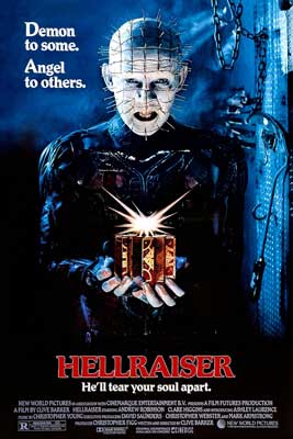 Hellraiser Movie Poster with image of pale ghoulish person holding a glowing object