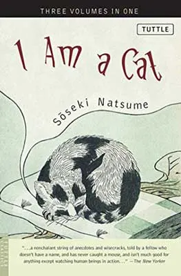 I Am A Cat by Natsume Soseki book cover with illustrated black and white cat curled up sleeping 