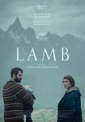 Lamb Movie Poster with image of two people, one of whom is holding a lamb with mountains behind them
