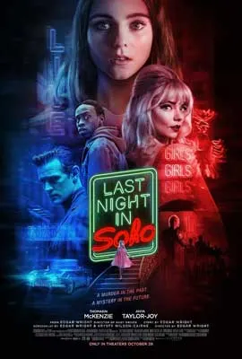 Last Night in Soho Movie Poster with image of people in blue and red tint night lighting