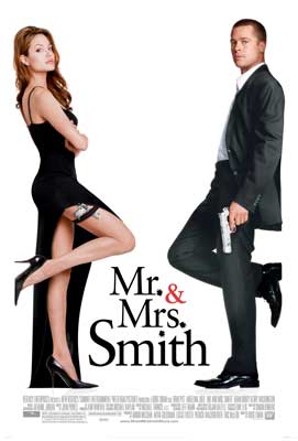 Mr and Mrs Smith Movie Poster with image of woman in black dress with large slit up leg and man in black tux