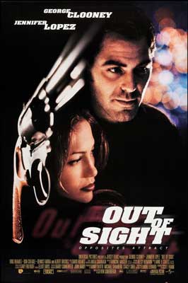 Out Of Sight Movie Poster with image of two people and blurred gun