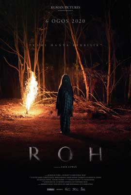 Roh Movie Poster with person in dark forest with yellow and orange fire going