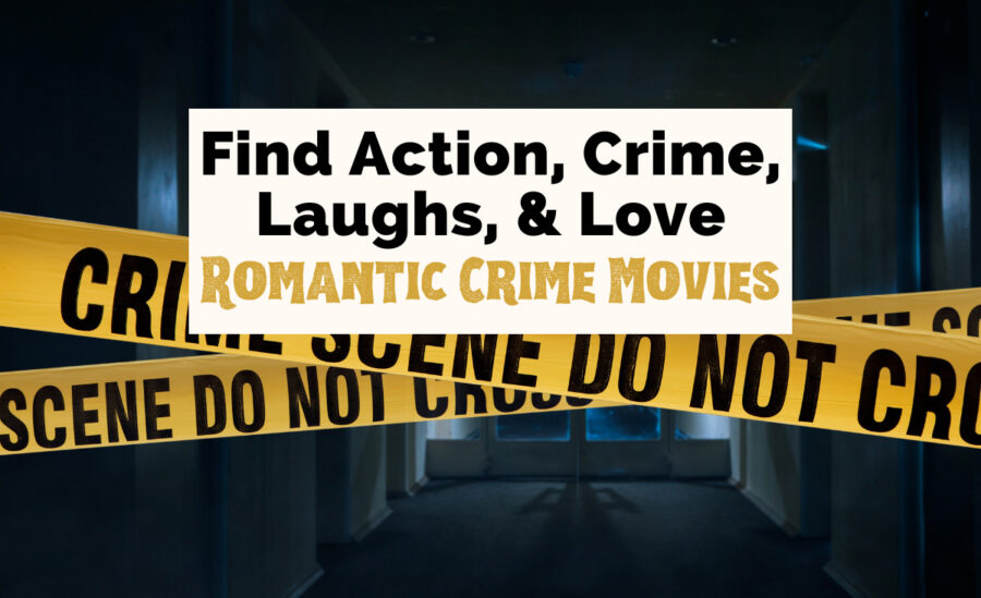 Find action, crime, laughs, and love Romantic Crime Movies text on background with yellow crime tape across a blue and black darkened room