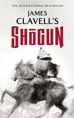 Shogun by James Clavell book cover with black and white image of person on horse and red title