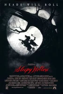 Sleepy Hollow Movie Poster with rearing horse with someone on them with weapon at night in front of moon with dark tree
