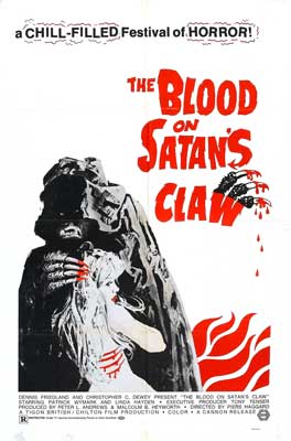 The Blood on Satan's Claw Movie Poster with image of hooded figure with red nails holding person with long hair