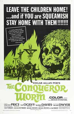 The Conqueror Worm Movie Poster with image of green skull, people, and green like flames