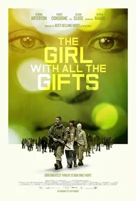 The Girl with All the Gifts Movie Poster with image of large green hued face and group of military people with weapons below