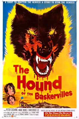 The Hound of the Baskervilles Movie Poster with image of wolf like creature with large, sharp, white fangs dripping with blood