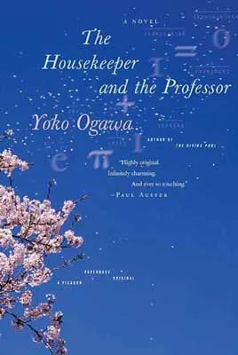 The Housekeeper And The Professor by Yoko Ogawa book cover with pink flowers and blue background