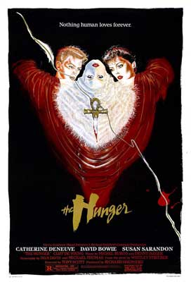 The Hunger Movie Poster with image of three people all completely painted white with one's head upside down