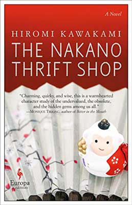 The Nakano Thrift Shop by Hiromi Kawakami book cover with white folded paper like fan with tree and white critter like a monkey