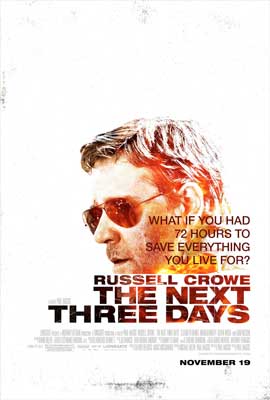 The Next Three Days Movie Poster with image of person wearing sunglasses and red and orange tint on them
