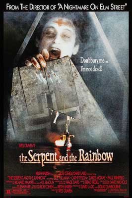 The Serpent and the Rainbow Movie Poster with image of dead like person opening a coffin with a cross on it
