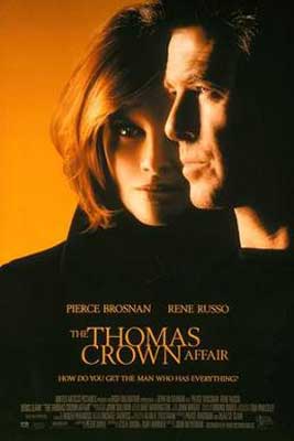 The Thomas Crown Affair Movie Poster with image of two people wearing black standing with faces touching and orange background