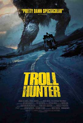 Trollhunter Movie Poster with image of large monster standing over road with car going under it
