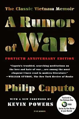 A Rumor of War by Philip Caputo book cover with black background and bubble letter like title filled with green and brown camoflauge colors