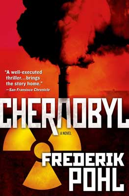 Chernobyl by Frederik Pohl book cover with smoking tower in red and orange sky