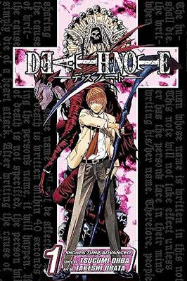 Death Note by Tsugumi Ohba book cover with illustrated person standing in pink purple cross and holding a staff