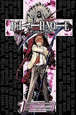 Death Note by Tsugumi Ohba book cover with illustrated person standing in pink purple cross and holding a staff