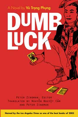 Dumb Luck by Vu Trong Phung book cover with red background and illustrated person with playing yellow cards