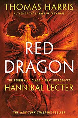 Red Dragon by Thomas Harris book cover with demon like creature in red, orange, and yellow
