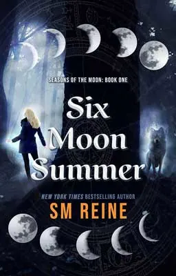 Six Moon Summer by S.M. Reine book cover with large black tree trunk, person, and phases of the moon across the top