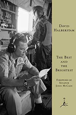 The Best and the Brightest by David Halberstam book cover with black and white image of person with headphones reading papers