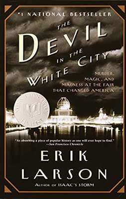 The Devil in the White City by Erik Larson book cover with black and white image of lit up structures at night