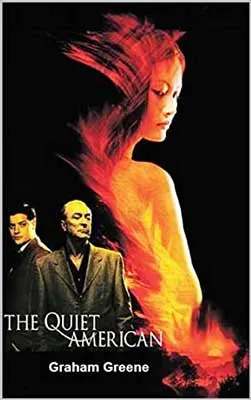 The Quiet American by Graham Greene book cover with two people in suits and person in yellow, red, and orange lighting