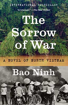 The Sorrow of War by Bao Ninh book cover with black and white image of people watching smoke in distance and top image of green trees from above