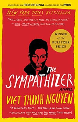 The Sympathizer by Viet Thanh Nguyen book cover with red background, yellow border, and illustrated black sketch of person's face