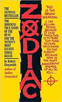 Zodiac by Robert Graysmith book cover with yellow background and red title on a black blade