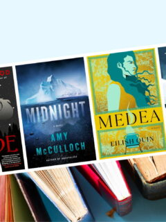 Article's featured image with book covers for our Most Anticipated 2024 Book Releases including Funny Story by Emily Henry, Midnight by Amy McCulloch, Bride by Ali Hazelwood, Medea by Eilish Quin, The Fox Wife by Yangsze Choo, and The Heiress by Rachel Hawkins over image of books standing up and snaking along a blue background