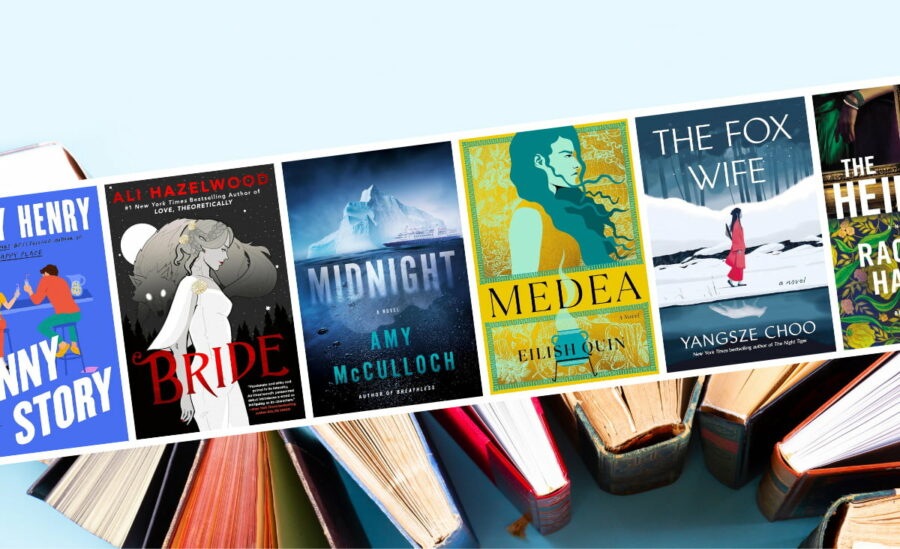 Article's featured image with book covers for our Most Anticipated 2024 Book Releases including Funny Story by Emily Henry, Midnight by Amy McCulloch, Bride by Ali Hazelwood, Medea by Eilish Quin, The Fox Wife by Yangsze Choo, and The Heiress by Rachel Hawkins over image of books standing up and snaking along a blue background