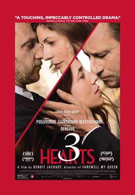 3 Hearts Movie Poster with image of same guy in two scenes kissing two different women