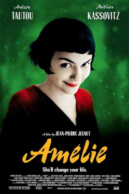 Amelie Movie Poster with image of very pale person with red lips and black hair wearing red on a green background