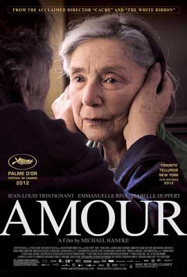 Amour Movie Poster with image of older person embracing another older person's face
