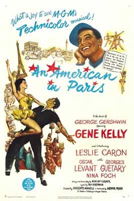An American In Paris Movie Poster with image of two people dancing, Eiffel Tower, and another person dreaming