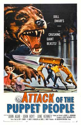 Attack of the Puppet People Movie Poster with illustrated image of large dog with fangs and tiny people holding a large knife aimed at it
