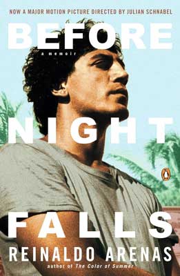 Before Night Falls by Reinaldo Arenas book cover with image of person in t-shirt and dark hair with palm trees in the background