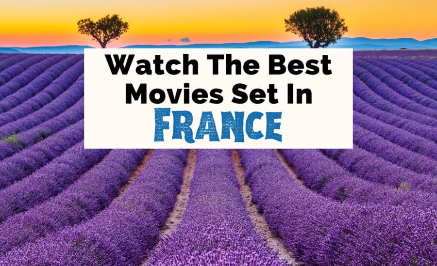 Article featured image with text that reads Watch the Best Movies Set In France with image of rows of purple fields with blue mountains and orange sky in the background