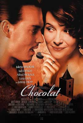 Chocolat Movie Poster with image of one person feeding another a piece of chocolate