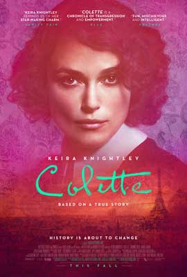 Colette Movie Poster with image of person's face with short curly hair under red and purple foggy tint