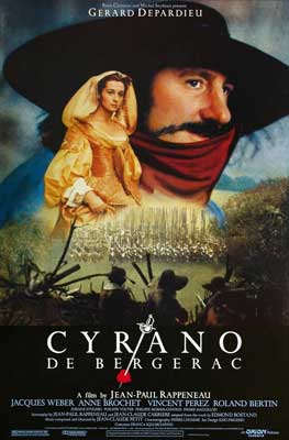 Cyrano de Bergerac Movie Poster with image of person in yellow dress and another with mustache and red bandana