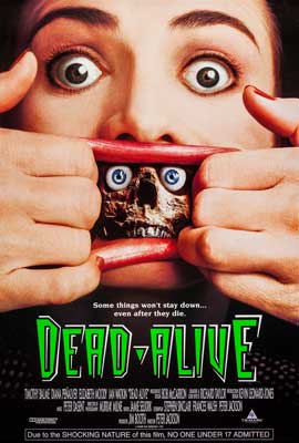 Dead Alive aka Braindead Movie Poster with image of white person stretching their mouth and inside a creature with eyes and a nose is peering out against their lips