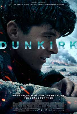 Dunkirk Movie Poster with image of person's face as they lie on the ground with smoke and fire in the distance
